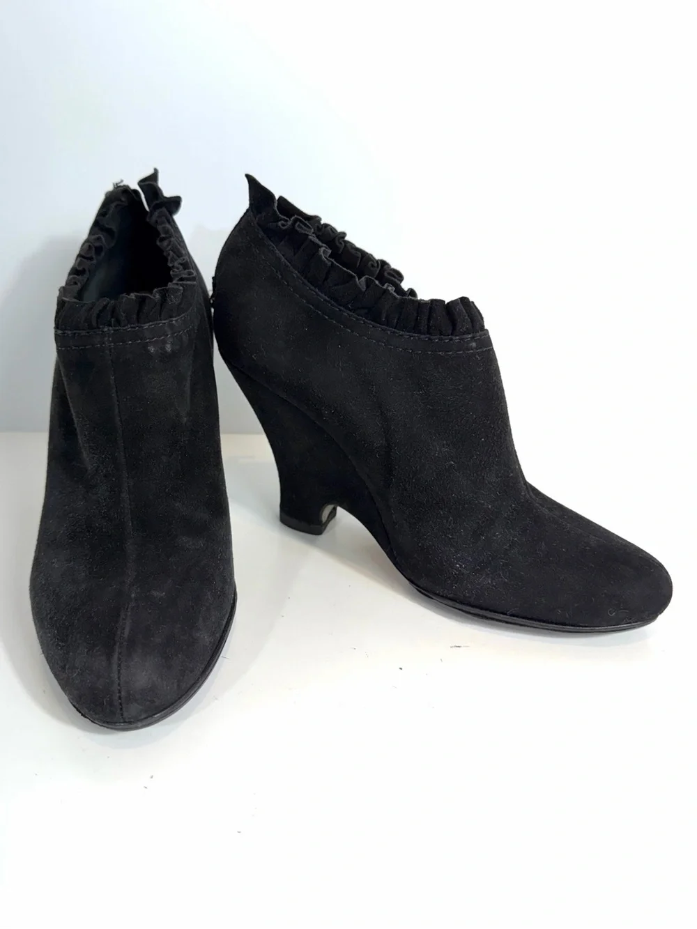 Miu Miu Black Suede Ruffle Trim Sculpted Wedge Ankle Boots EU 36.5 / US 6.5